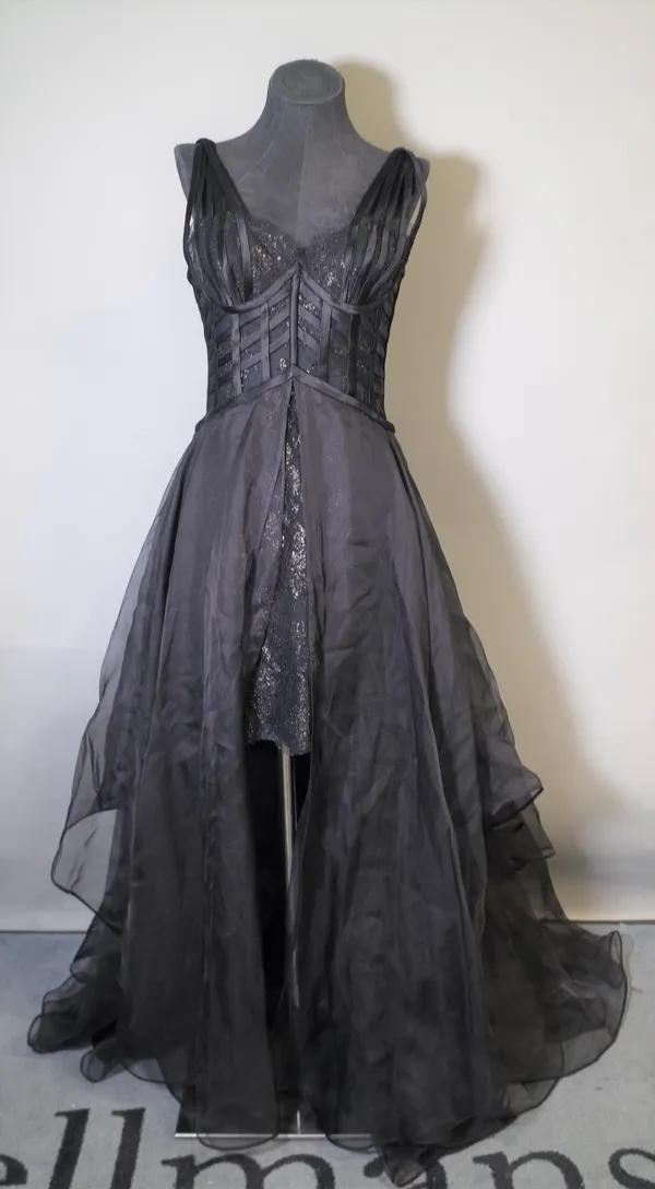 Jean-Louis Scherrer Paris, a black chiffon cocktail dress, Emanuel Ungaro, a grey silk evening dress with floral broach fastening, Raniero Gattinoni a