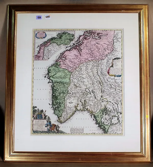 A map by F. DE WIT:  Regni Norvegia  . . .  60cm x 50cm within mount, hand-coloured, pictorial cartouche title, some engraved text, (Amsterdam, ca. 16