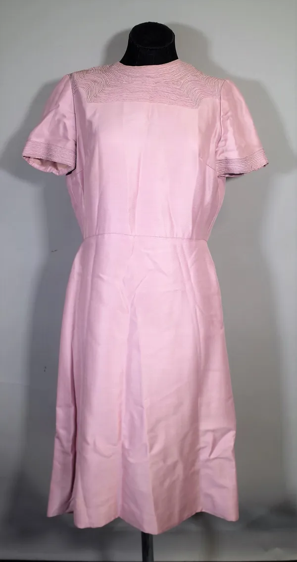 Mid-20th century fashion, including; Murray Arbeid, size 14, a pale pink dress and matching overcoat, Belind Bellville (14) blue and white dress, Zand