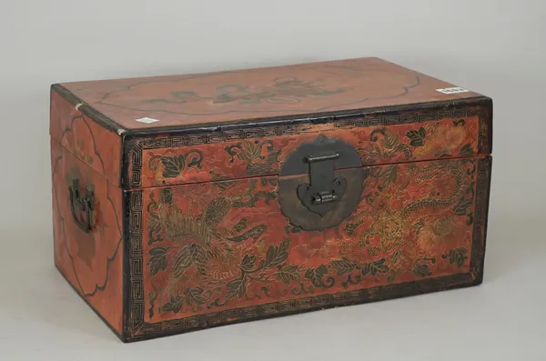 A 19th century Chinese red lacquer rectangular box with floral decoration, 42cm wide x 22cm high.