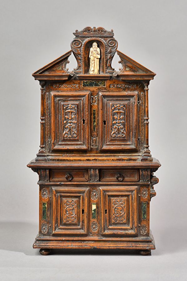 A 19th century French marble inlaid walnut miniature dresser, with broken architectural cornice over four pairs of doors, divided by drawers, 23cm wid