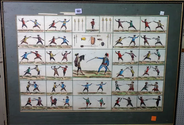 French School (18th century), Positions for fencing, engraving with hand colouring, 48cm x 72cm.