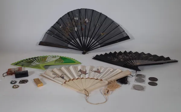 Collectables comprising; four fans, a lighter, a small clock, coins, medals and sundry.