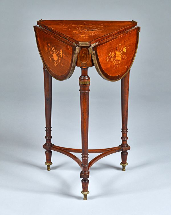 A 19th century French gilt metal mounted, foliate marquetry inlaid fruitwood and rosewood trefoil shape drop flap bijouterie table, on tapering turned