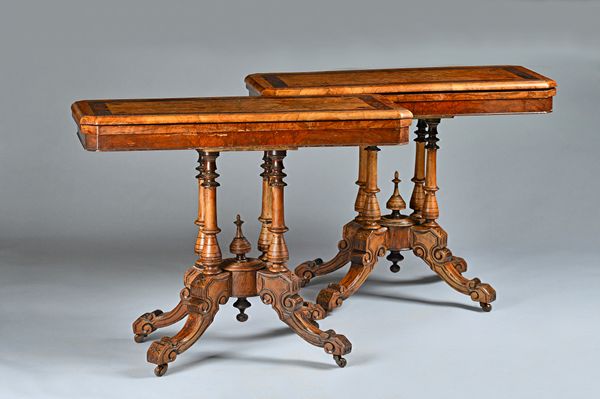 A pair of Victorian mahogany rosewood and figured walnut card tables, each on four turned supports, and downswept feet, 90cm x 70cm, (2). Illustrated.