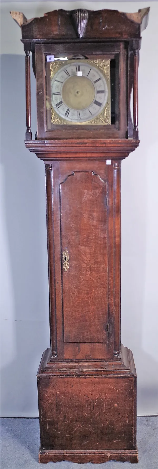 Robert Davis; a 19th century 30 hour longcase clock, with 10 3/4 inch square brass dial, hour striking movement and waisted oak case, (a.f) (1 lead we