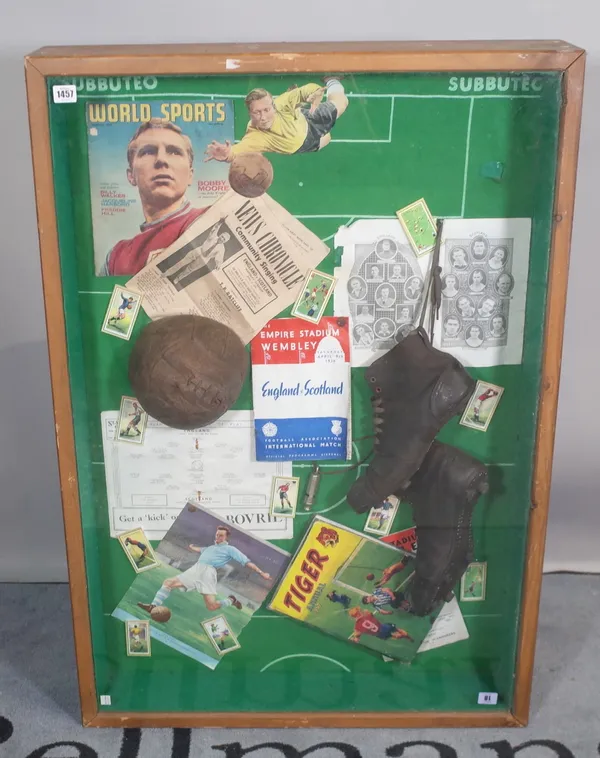 Sporting memorabilia; a collection of vintage football collectables, including; England vs Scotland 1938 at Wembley, a pair of pre-war football boots,