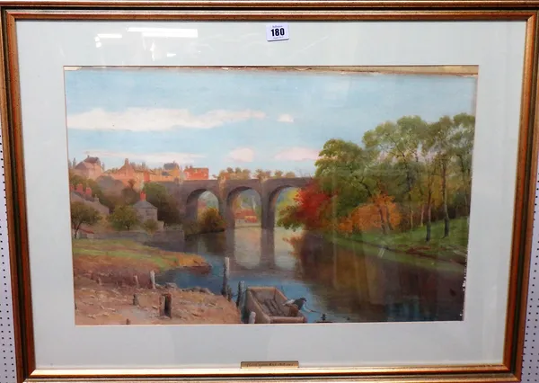 J. Lant Carpenter (1868-1901), River scene with viaduct, watercolour, signed, 38cm x 58cm.