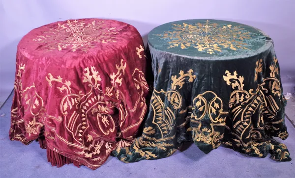 An early 20th century red velvet and gold thread embroidered table cloth and another in green, (2). Provenance; property from the late Sir David TangT