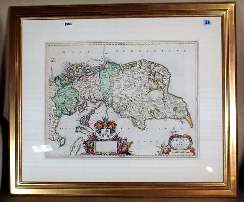 A map by (Johannes BLAUE):  Ivtia, olim Cimbrica Chersonesvs.  45cm x 59cm within mount, hand-coloured, pictorial cartouche title and elaborate pictor