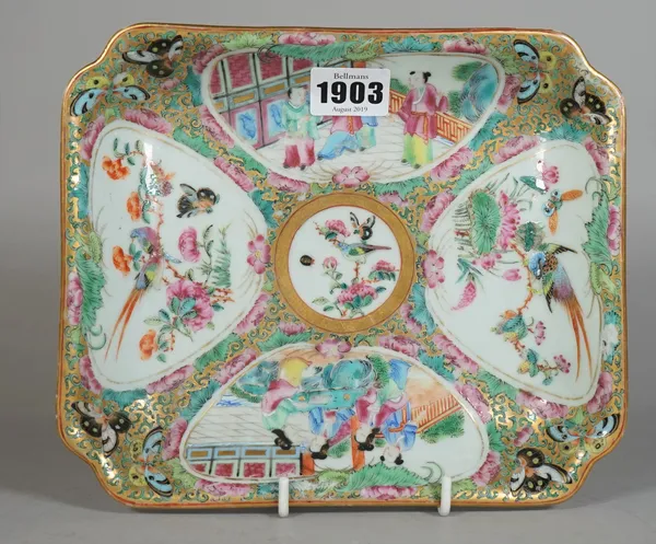 A small Canton famille-rose rectangular dish, 19th century, painted with panels of figures alternating with panels of birds and insects amongst flower