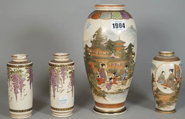 A group of Japanese Satsuma wares, Meiji/Taisho period, comprising; a large bowl painted with densely packed flowers, signed, 22cm. diameter; a smalle