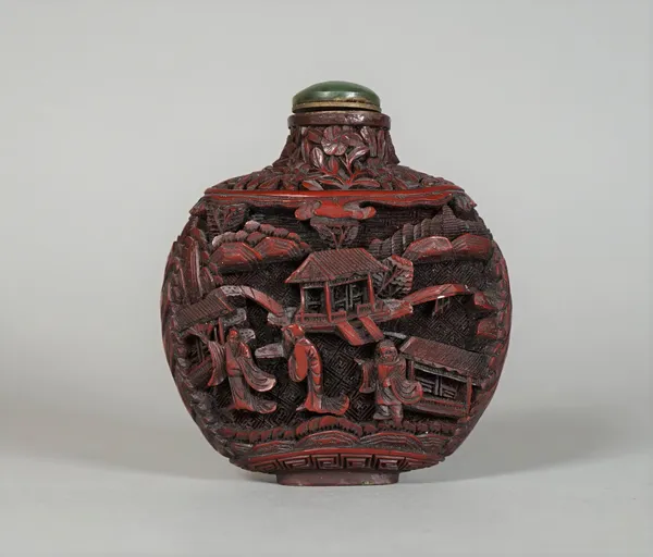 A Chinese red lacquer snuff bottle, probably 19th century, each side carved in deep relief with three figures standing before pavilions, trees and mou