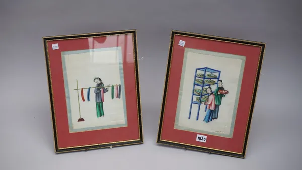 A set of six Chinese watercolours on rice paper, 19th century, each painted with stages in the production of silk, 24cm. by 16cm., mounted, framed and