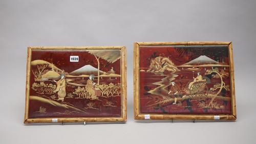 A pair of Japanese lacquer and inlaid rectangular panels, Meiji/ Taisho period, each depicting figures in a landscape against a reddish brown ground,