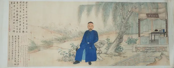 A Chinese ancestor painting, watercolour on paper, painted with a man in blue costume, seated in a garden beside a willow tree, a building to the righ