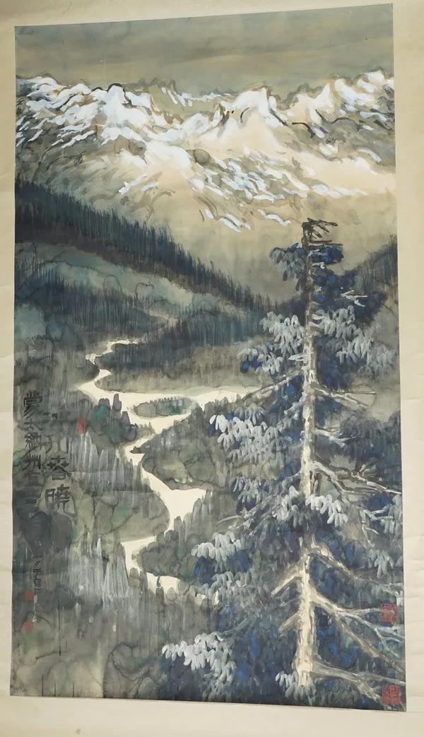 A large Chinese scroll painting, 20th century, watercolour on paper, painted with an extensive landcsape, signed and dated 1972, 153cm. by 91cm.