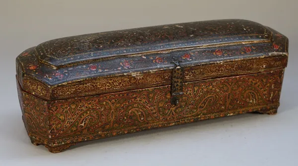 A Kashmir polychrome painted wood box, 19th century, of elongated octagonal form with hinged lid, opening to reveal various compartments and two remov