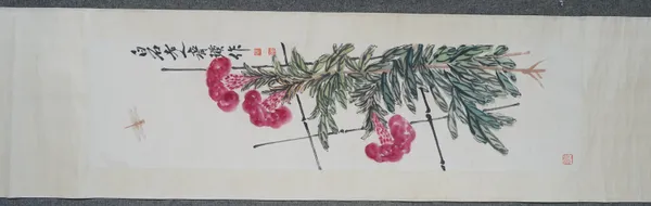 A Chinese hanging scroll, printed with flowers after Qi Baishi, 135cm. by 35cm.; and another print of three figures, 36cm. by 34cm., (2).