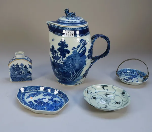 A group of Chinese blue and white export porcelains, late 18th/early 19th century, each painted with landscape decoration, comprising: a cider jug and