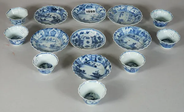 A group of six Chinese fluted teabowls and saucers, 18th century, each painted with panels of figures fishing and panels of a seated figure with a bas