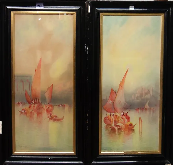 Anton Perique (late 19th century), Venetian scenes, a pair, watercolour, both signed and inscribed, each 59cm x 25cm.(2)