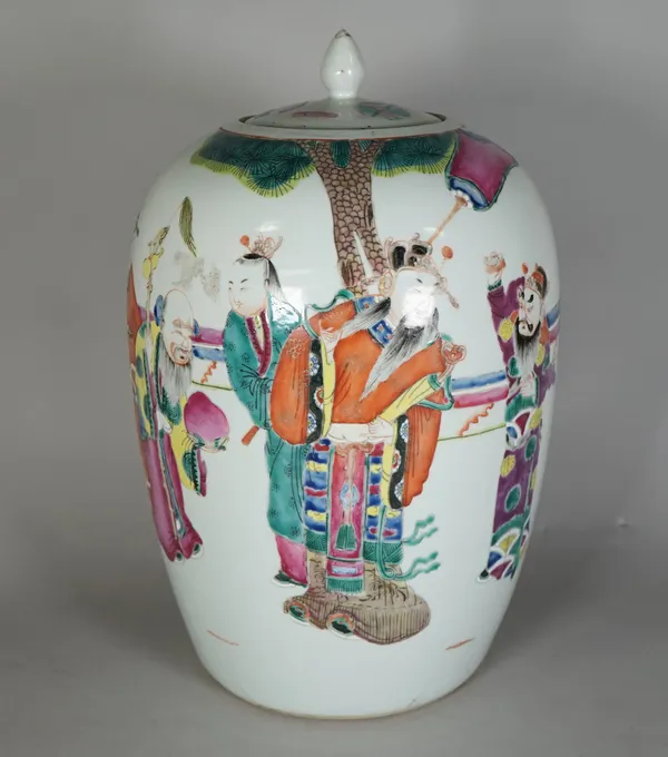 A Chinese famille-rose oviform jar and a matched cover, early 20th century, painted with Shoulao and Immortals, 33cm. high, (2).