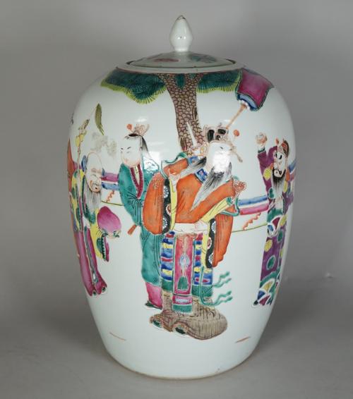 A Chinese famille-rose oviform jar and a matched cover, early 20th century, painted with Shoulao and Immortals, 33cm. high, (2).