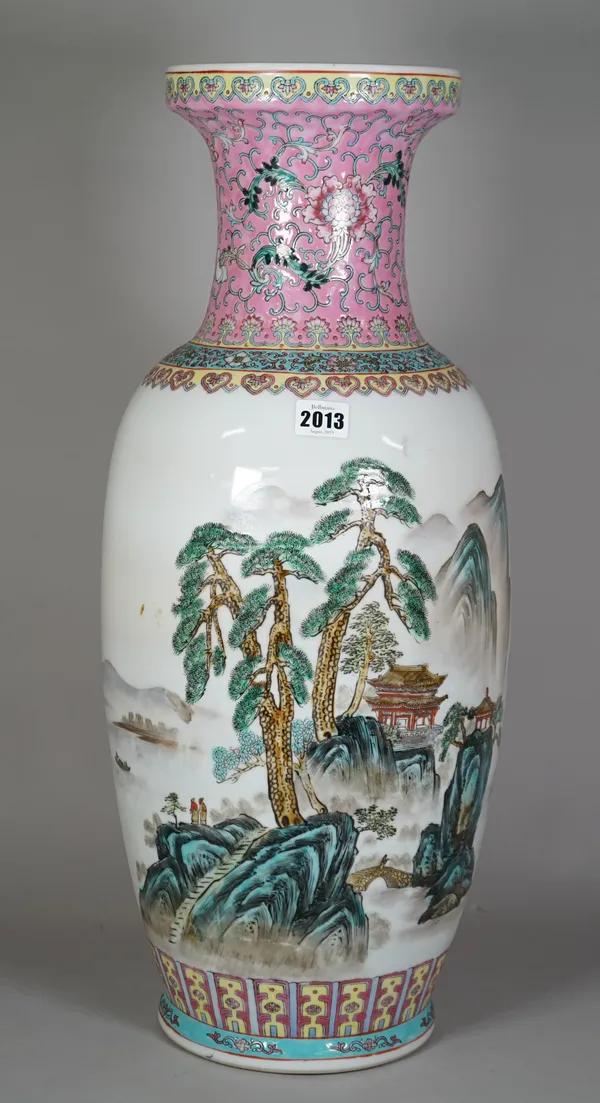 A tall Chinese famille-rose baluster vase, decorated with two figures standing in an extensive river landscape, the reverse with lines of calligraphy,