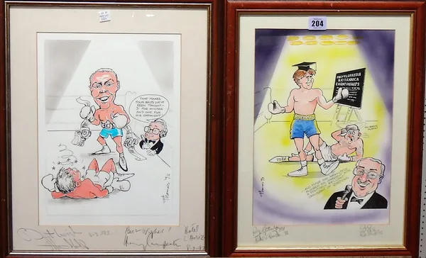 ** Thomas (20th century), Boxing cartoons, a set of four, pen, ink and watercolour, signed on mount  by some of the personalities pictured, signed and