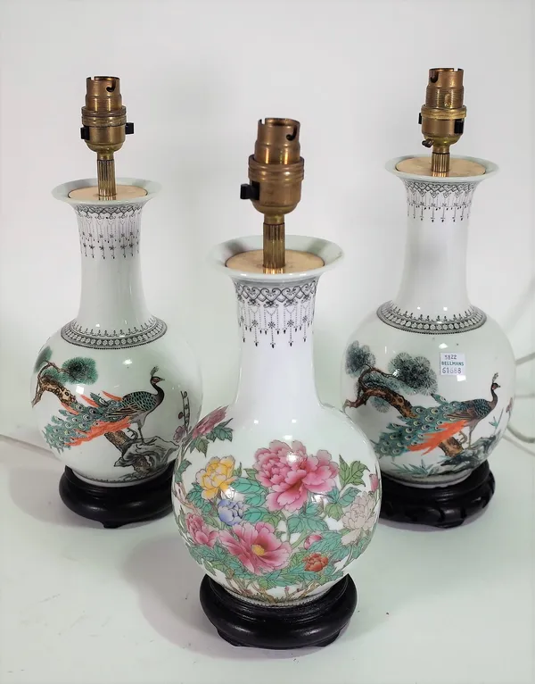 Three 20th century Chinese style vases, converted to lamps, (3).