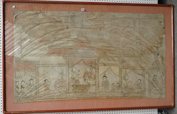 A large Thai painting, ink and wash on linen, painted with figures and attendants in a palace, 85cm. by 147cm., framed and glazed.