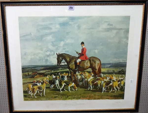 After Sir Alfred Munnings, Stanley Barker and the Pytchley Hounds, colour print, second state, 61cm x 74cm.