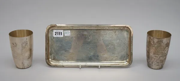 A German rectangular small tray, presentation inscribed, detailed 925 Sterling and a pair of German beakers, detailed 925 Sterling, height 11cm, combi