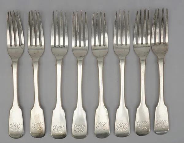 Eight silver fiddle pattern dessert forks, comprising; five Exeter 1850 and three Exeter 1828, all monogram engraved, combined weight 358 gms, (8).