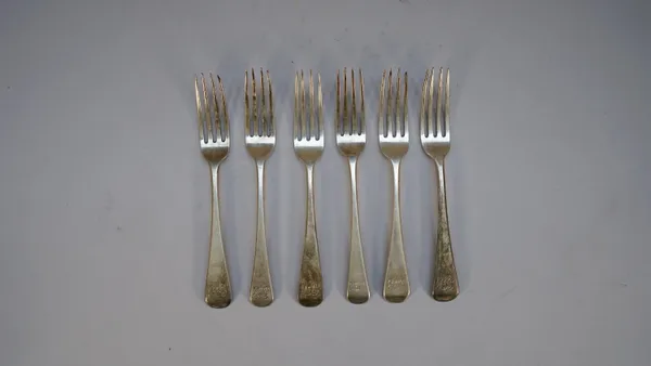 Six silver Old English pattern table forks, all monogram engraved, comprising; four London 1810 and two London 1809, combined weight 354 gms, (6)