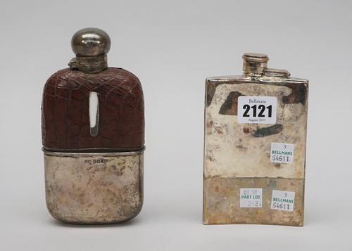 A silver spirit flask, of curved rectangular form, with a pull-off beaker base, Sheffield 1915, gross weight 202 gms and a late Victorian silver mount