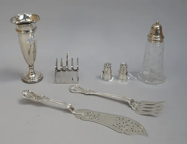 Silver and silver mounted wares, comprising; a pair of Victorian fish servers, with engraved and pierced decoration, London 1849 and 1850, a pair of p