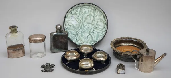 Silver and silver mounted wares, comprising; a small hot water jug of cylindrical form, Birmingham 1910, three Victorian salts of circular form, Londo