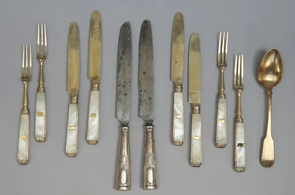 A group of European table flatware, comprising; six table knives, having steel blades and with loaded handles, twenty-four dessert or fruit knives, ha