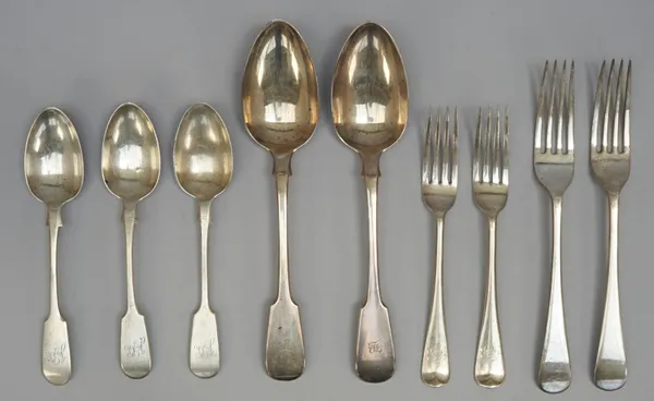 Silver table flatware, various patterns, dates and makers, comprising; thirty one dessert spoons, twelve dessert forks, six table forks and four table