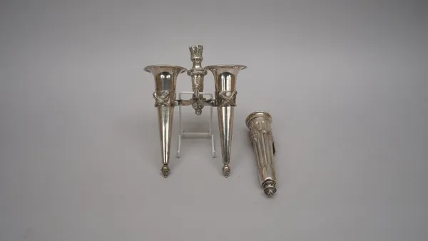 A French plated posy holder, decorated with pendant foliate swags and fluting, fitted with a hook for wall mounting, detailed O.GALLIA and a plated tw