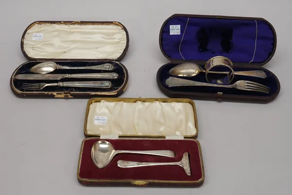 Silver, comprising; a Victorian christening spoon and fork, London 1874 and a napkin ring, Sheffield 1879, with a case, a Victorian christening knife,