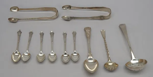 Silver table flatware, comprising; a Victorian sugar sifting spoon, having a spiral stem, London possibly 1866, six teaspoons, five London 1896 and on