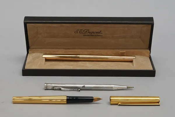 A Yard-O-Led silver propelling pencil, having engine turned decoration, London 1956 and two gilt metal Dupont Paris fountain pens, with a Dupont Paris