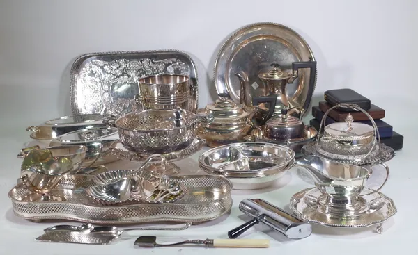 A large quantity of silver plated items including trays, dishes, tea pots, cutlery and sundry, (qty).