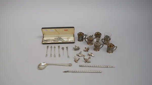 Silver and plated wares, comprising; a set of six German spirit tot holders, with pierced and embossed decoration, in an Art Nouveau design, detailed