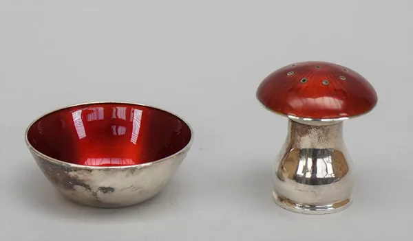 A Danish silver and red enamelled pepperette, designed as a mushroom, detailed ELA DENMARK STERLING 925 S and a Danish silver and red enamelled salt,