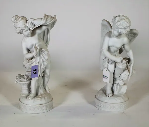 A pair of Volkstedt biscuit figures, early 20th century, depicting cupid on a naturalistic rocky circular base, the other of a similar mythological fi