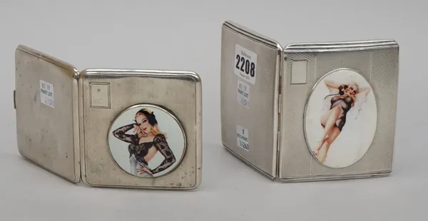 A silver rectangular cigarette case, the lid later applied with an oval enamelled panel depicting the portrait of an erotic lady with blonde hair, on